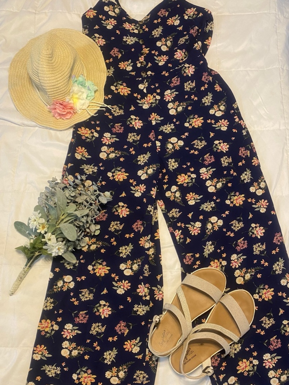 Floral Navy Wide-Leg Jumpsuit by Pink Rose Cottagecore Beach Day